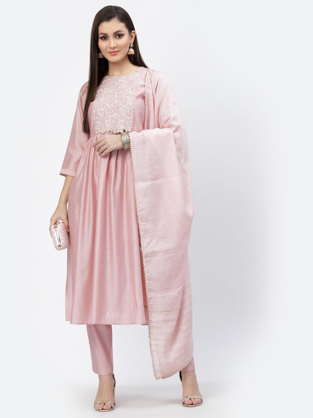 Embellished Yoke Gathered Kurta, Trouser & Dupatta Set - ARH1125