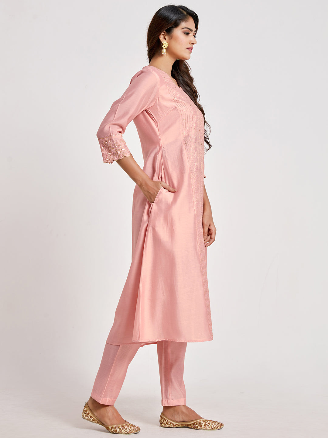 Embellished Light Pink Kurta Set - ARH1127