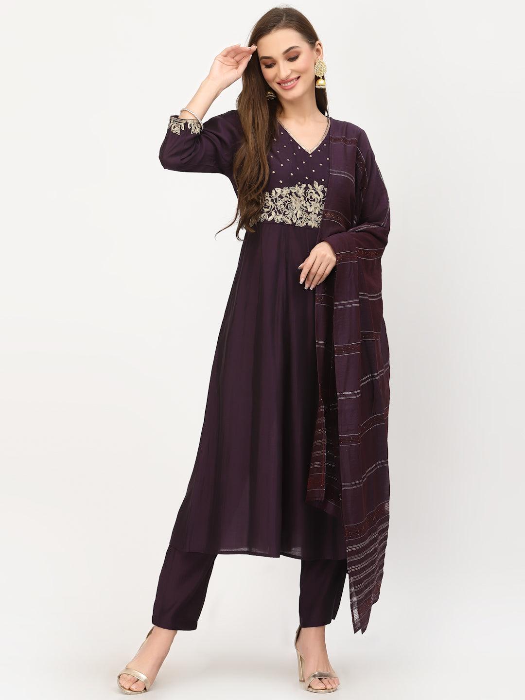 Wine Zari Work Kurta With Trouser & Dupatta Set