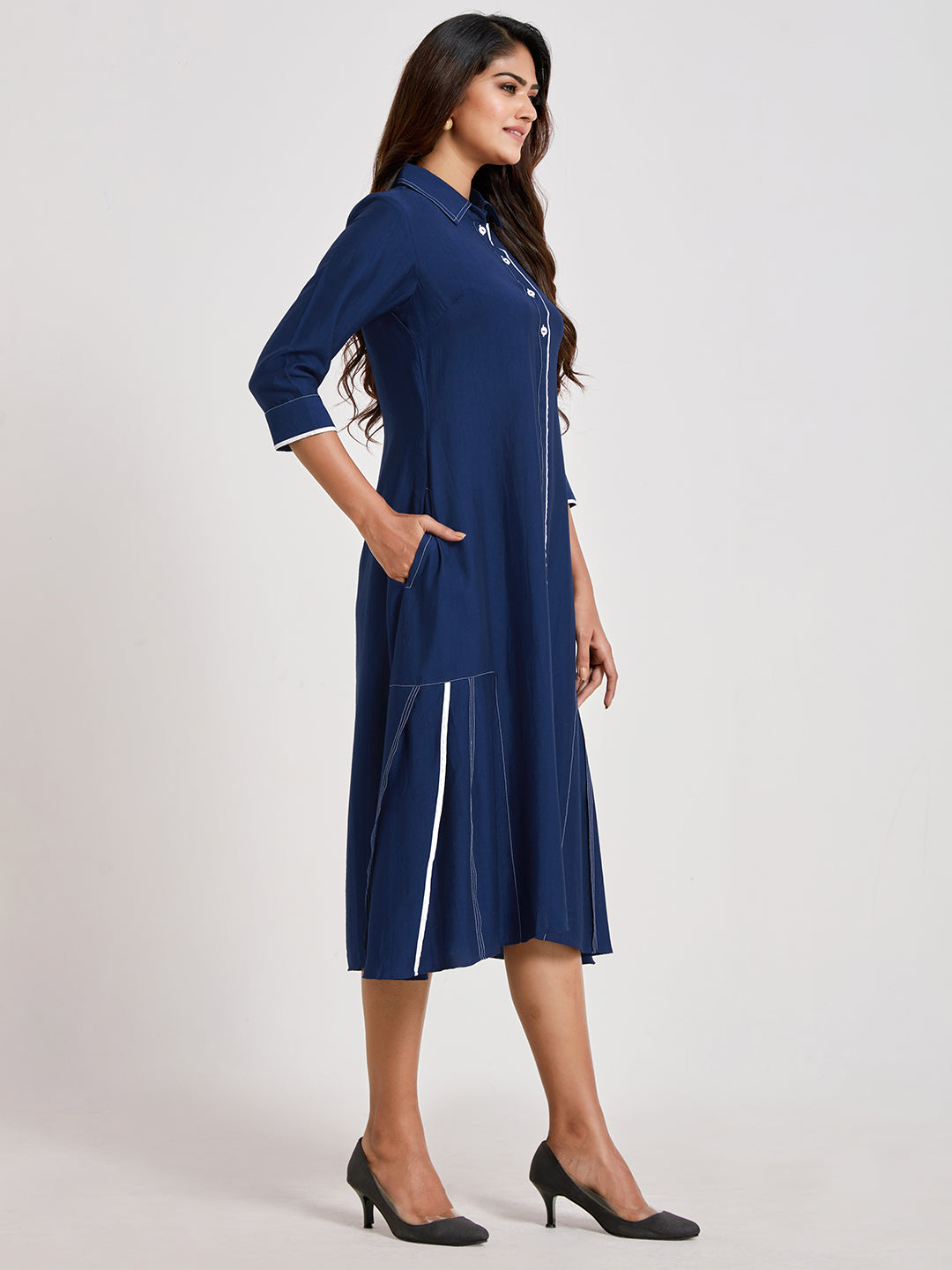 Shirt Style Dress With Mock Buttons - ARH1137