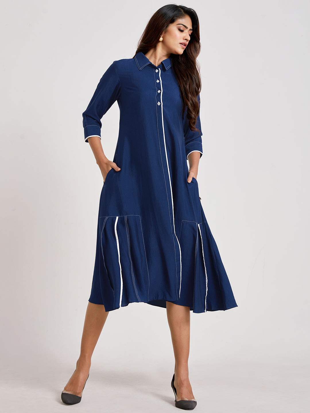 Shirt Style Dress With Mock Buttons - ARH1137