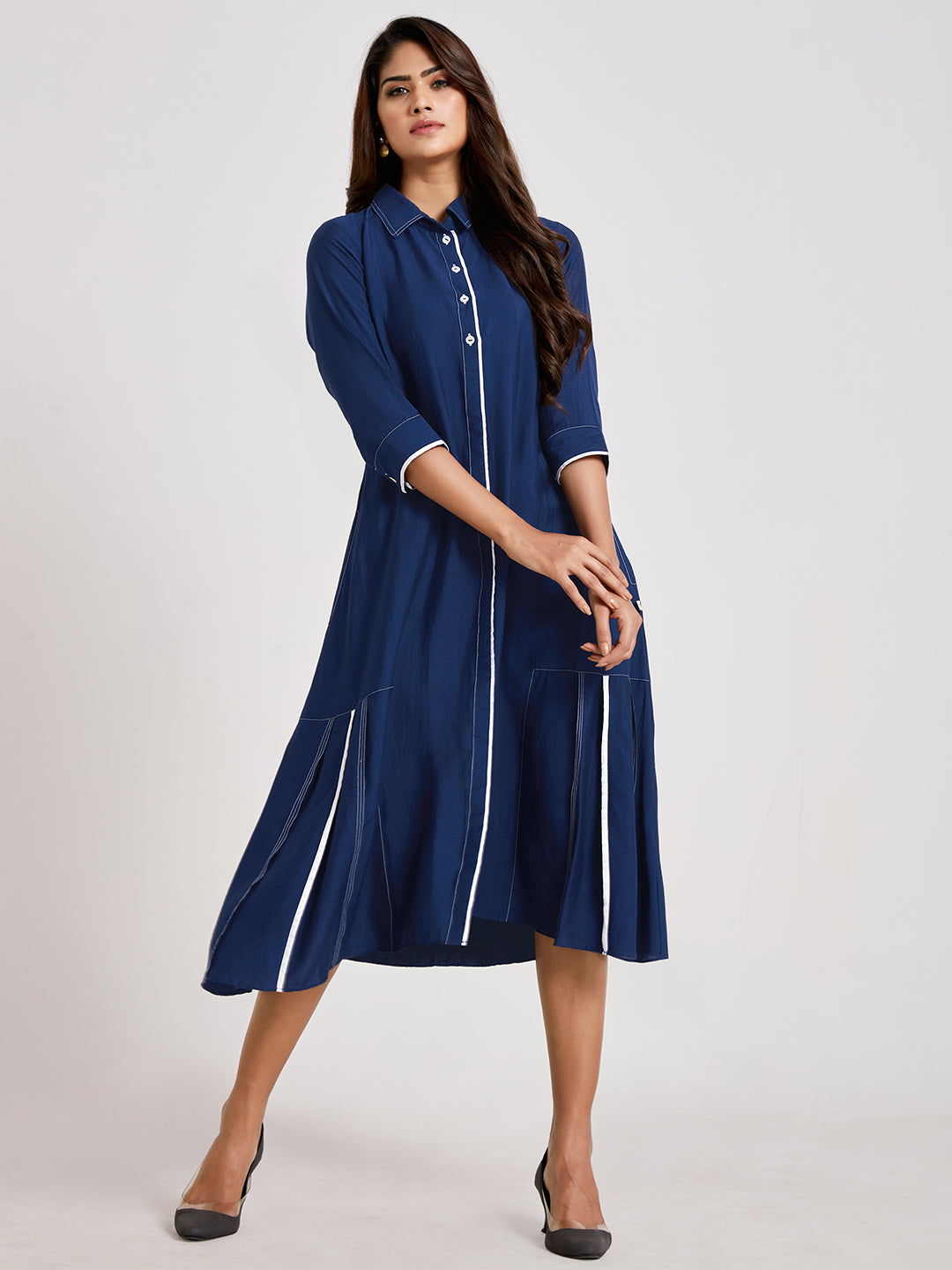 Shirt Style Dress With Mock Buttons - ARH1137