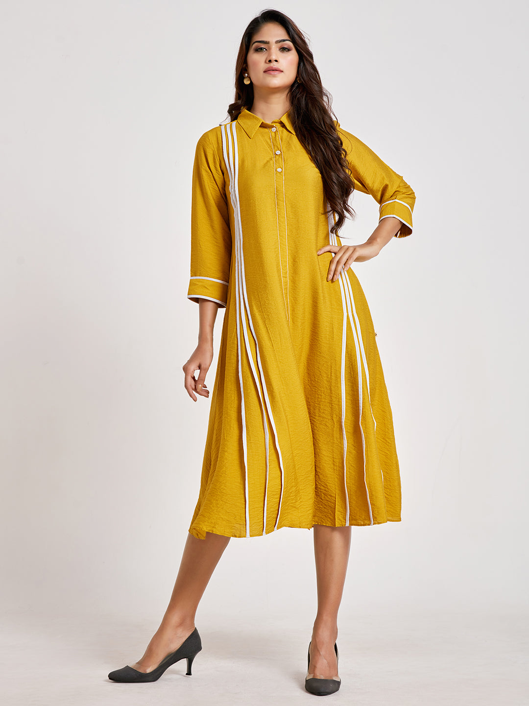 Mustard Shirt Style A-Line Dress - ARH1138