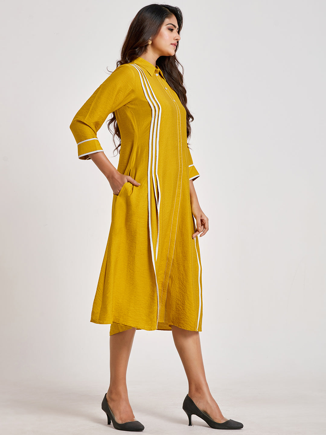 Mustard Shirt Style A-Line Dress - ARH1138