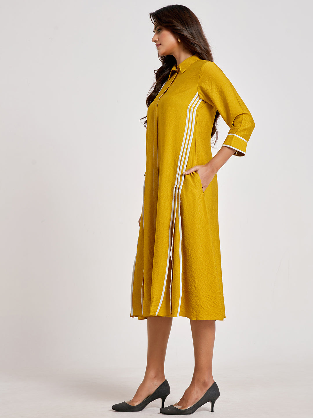 Mustard Shirt Style A-Line Dress - ARH1138