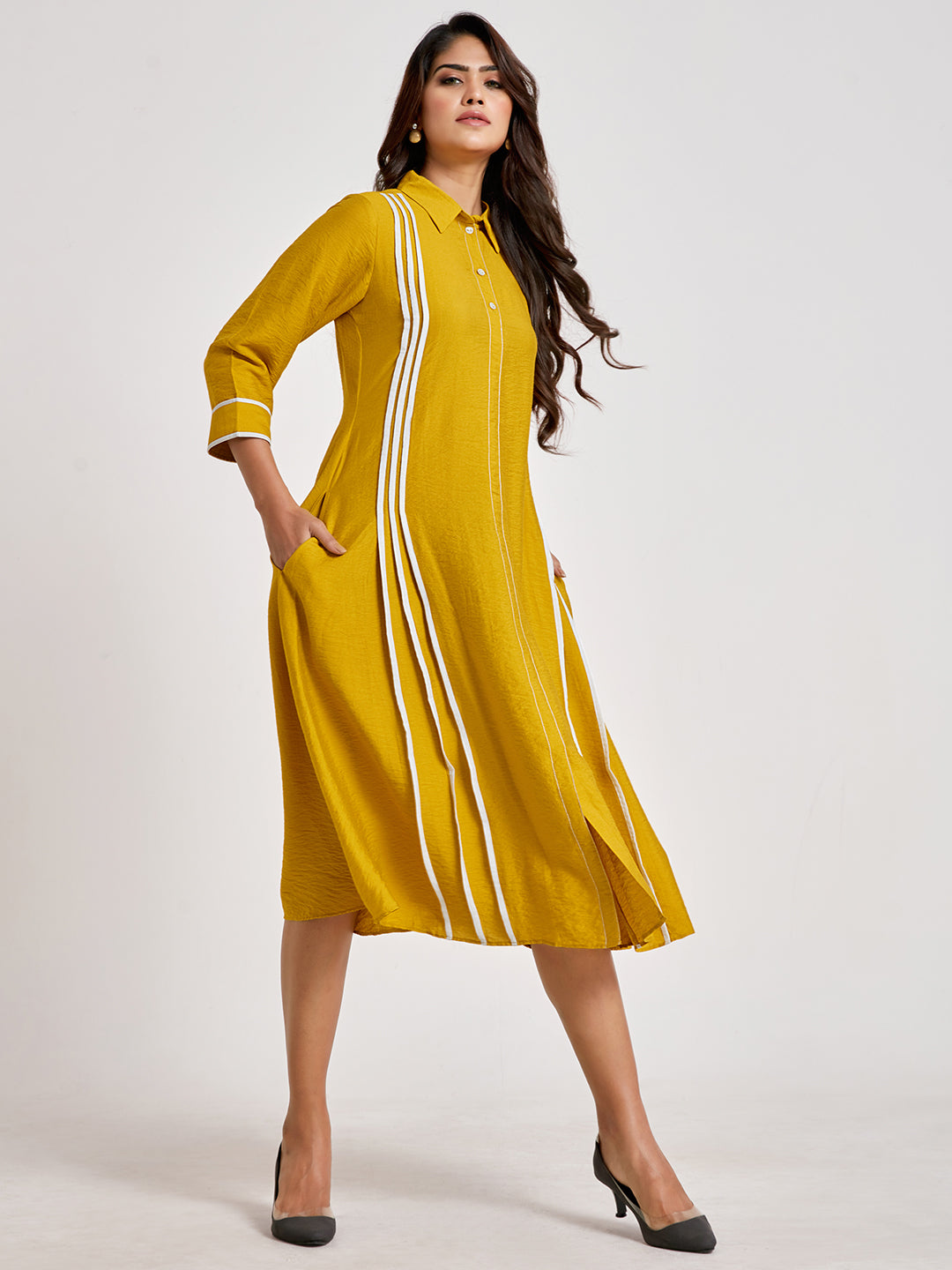 Mustard Shirt Style A-Line Dress - ARH1138