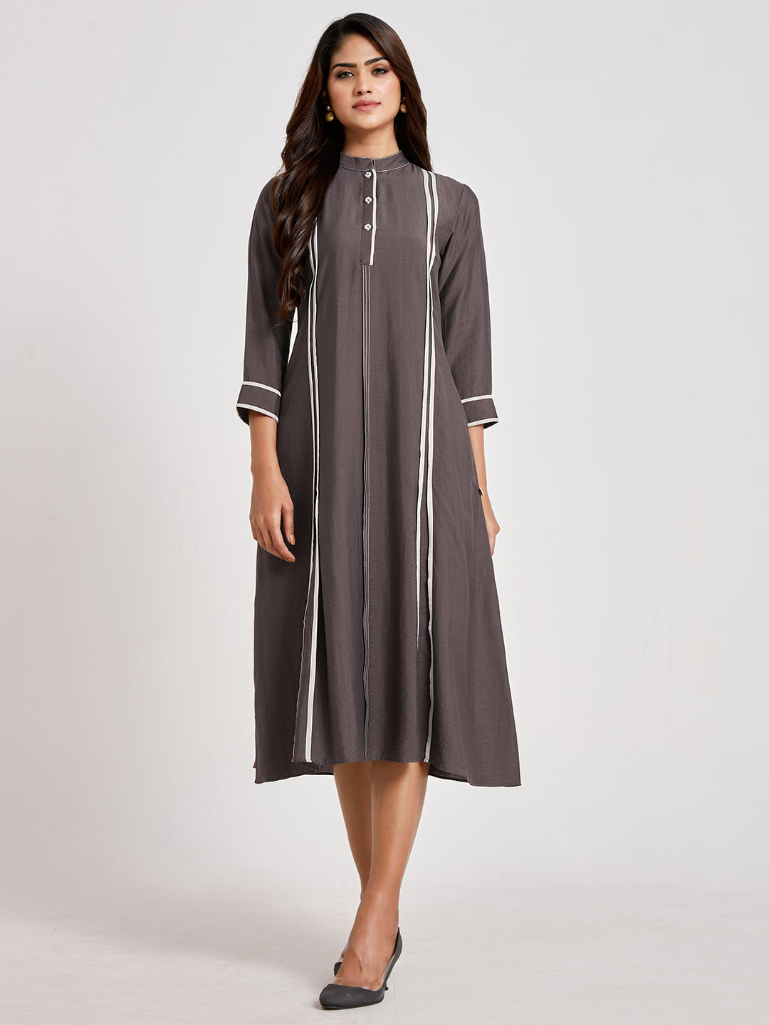 Dim Grey A-Line Dress With Mock Buttons - ARH1154