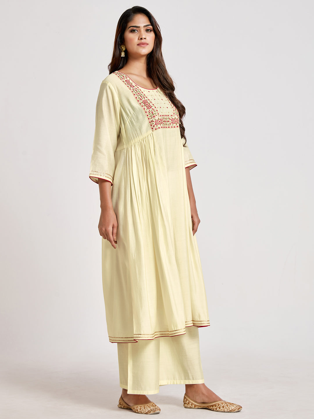 Gathered Off-White Kurta Palazzo Set - ARH1157
