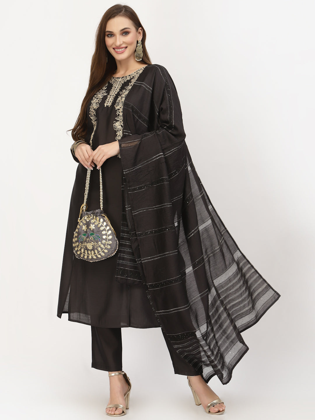 Black Embellished Kurta With Trouser & Dupatta - ARH1160