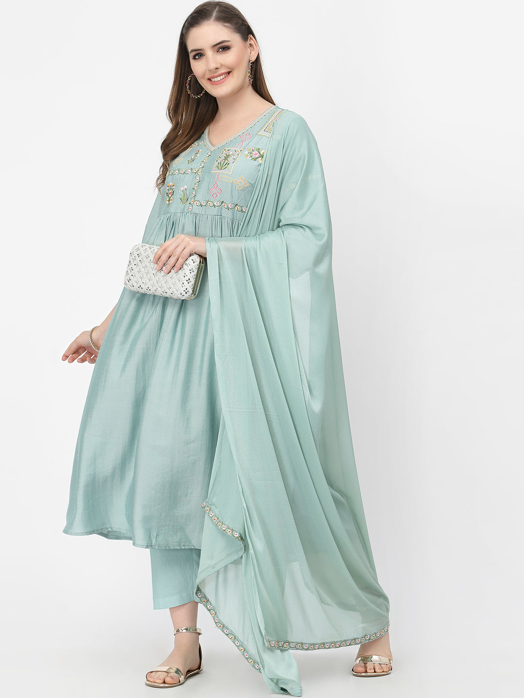 Sea Green Embroidered Gathered Kurta With Trouser & Dupatta Set - ARH1161