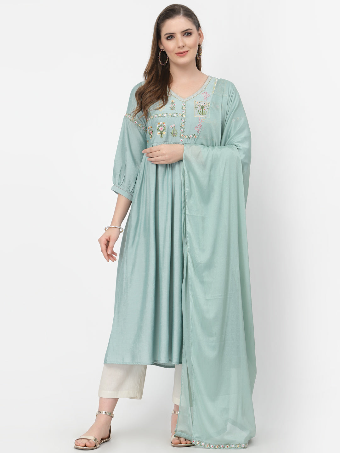 Sea Green Embroidered Gathered Kurta With Trouser & Dupatta Set - ARH1161