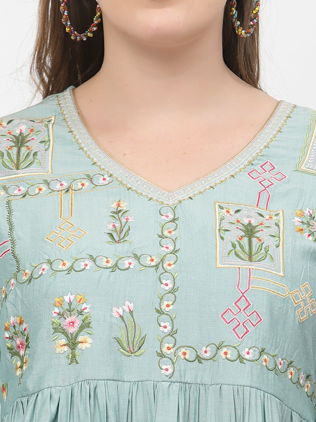 Sea Green Embroidered Gathered Kurta With Trouser & Dupatta Set - ARH1161