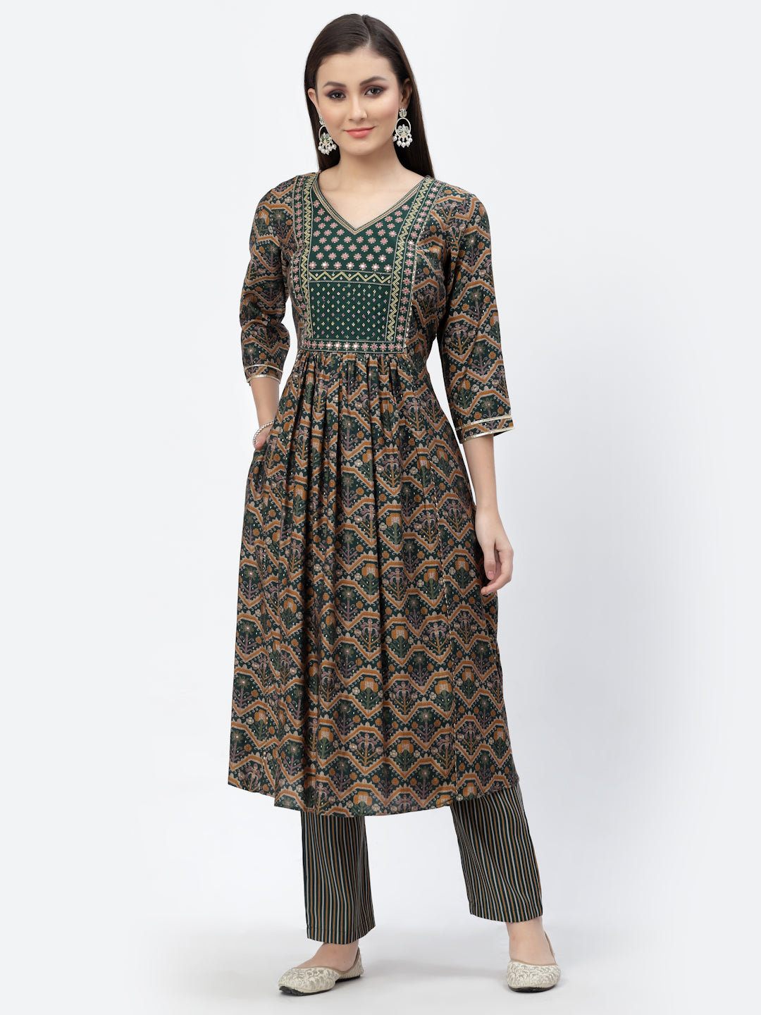 Floral Printed Gathered Kurta With Stripe Printed Trouser - ARH1163G