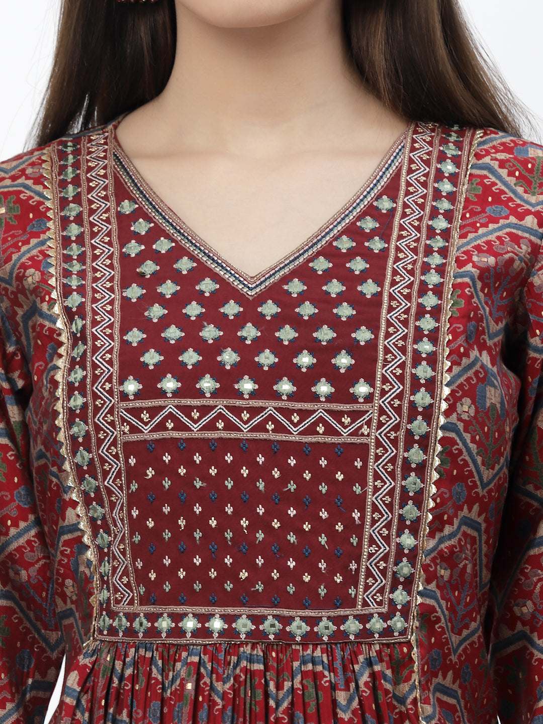 Printed Mirror Work Gathered Kurta With Trouser Set - ARH1163M