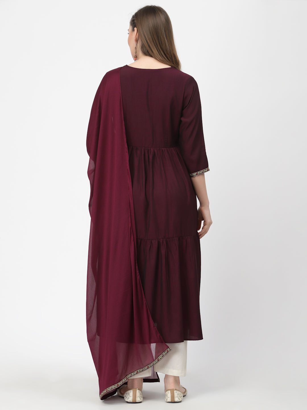 Wine Embroidered Tiered Kurta With Trouser & Dupatta Set - ARH1166