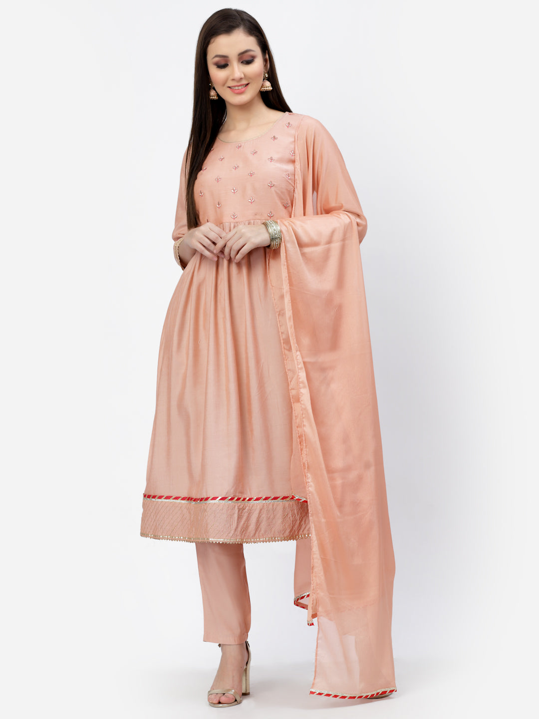 Peach Embroidered Kurta, Trouser & Dupatta Set - ARH1171