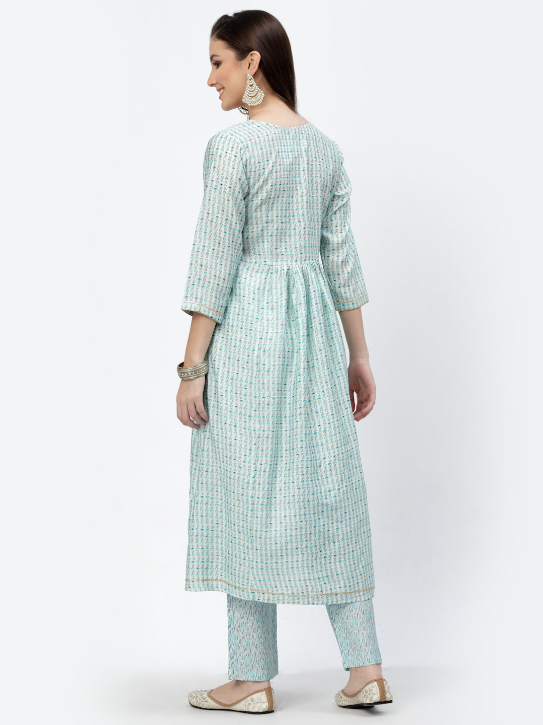 Light Blue Printed Gathered Kurta With Trouser Set - ARH1183B