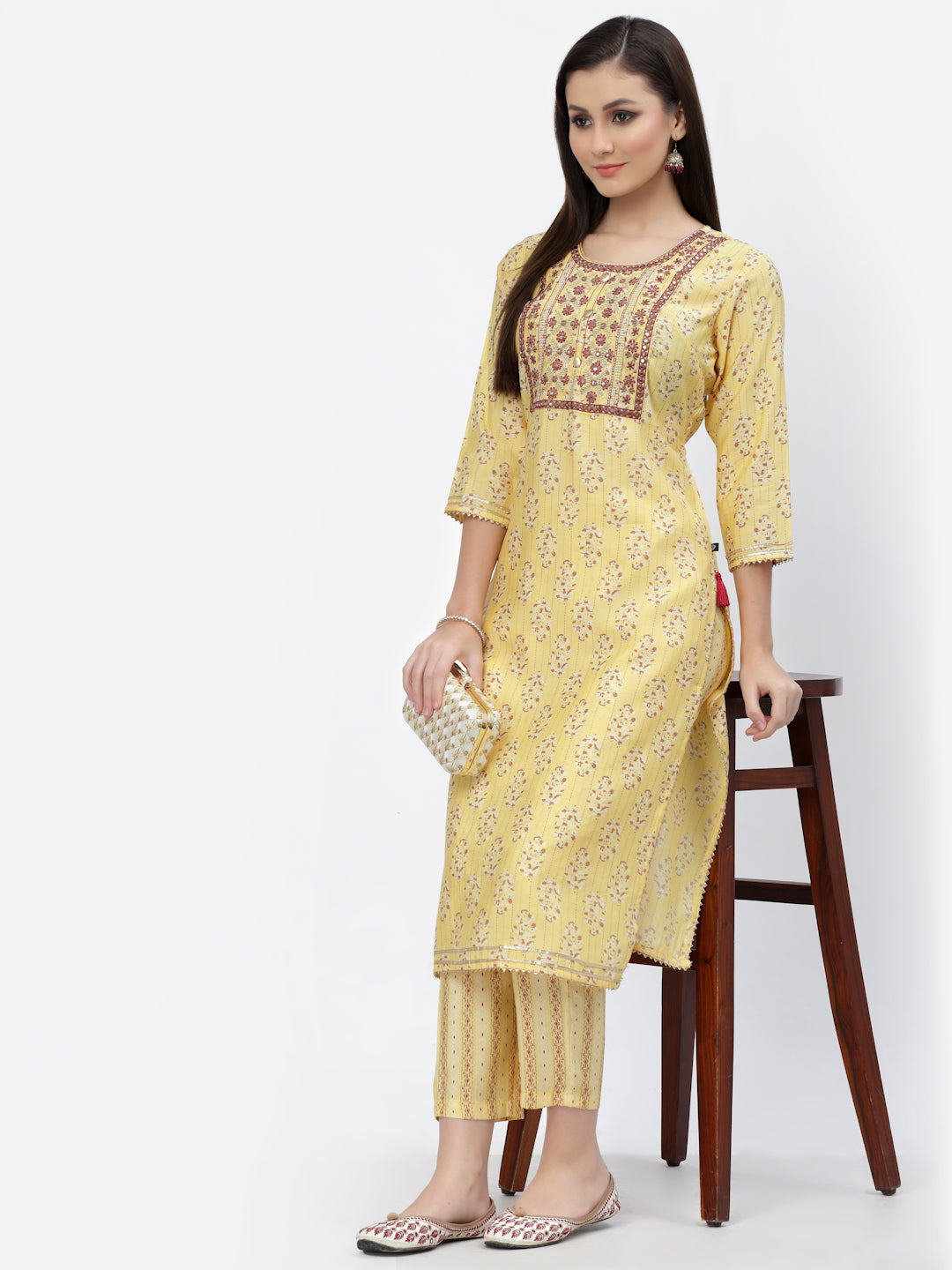 Yellow Printed Embellished Yoke Kurta & Trouser Set - ARH1191Y