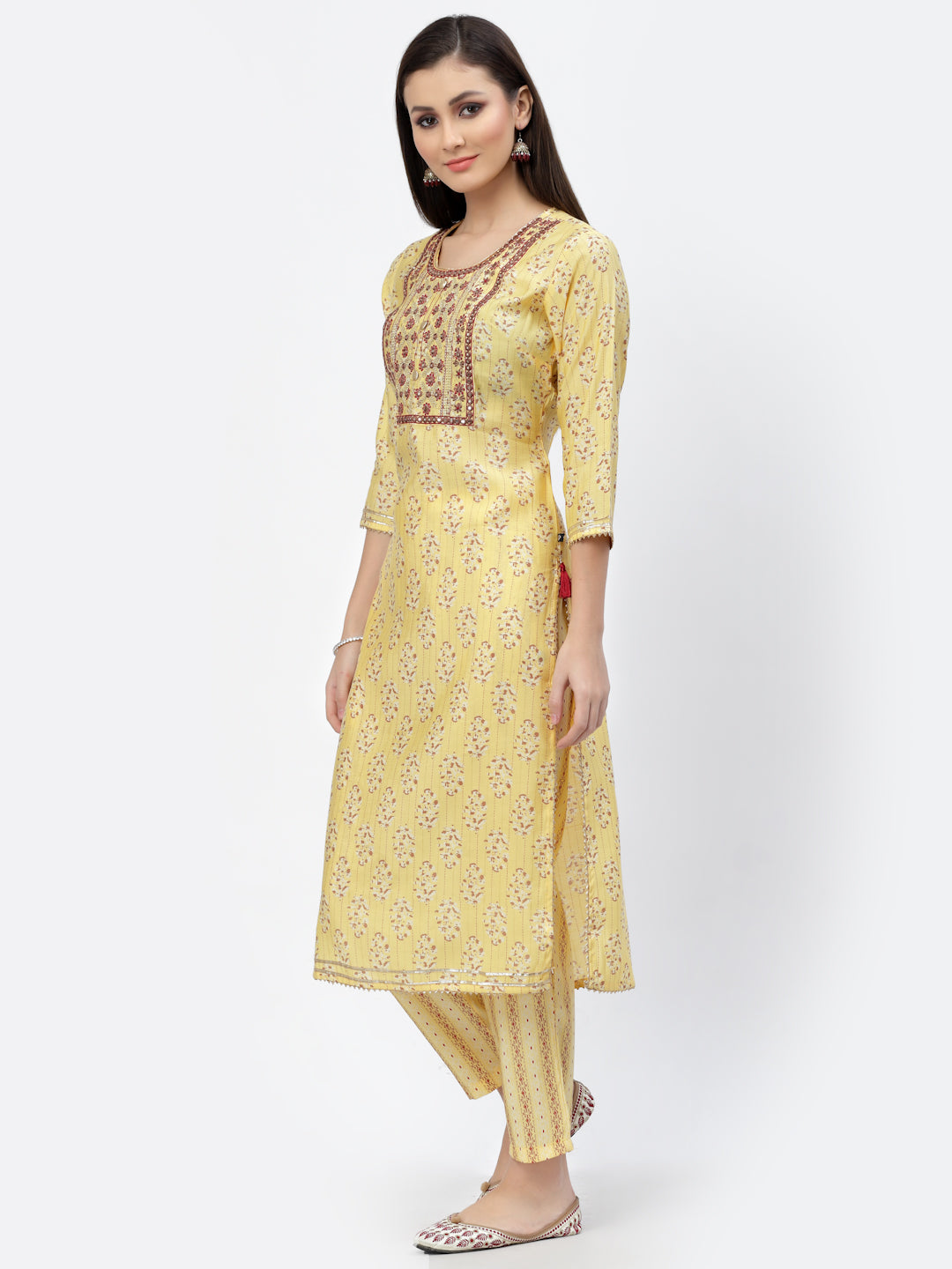 Yellow Printed Embellished Yoke Kurta & Trouser Set - ARH1191Y