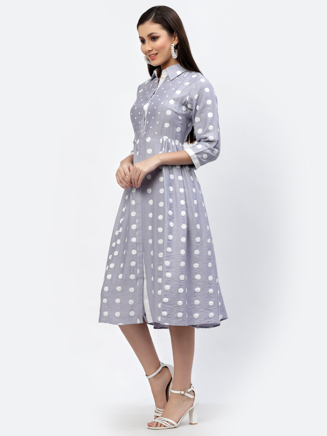 Polka Dot Printed Flared Shirt Dress With Side Gathered - ARH1196