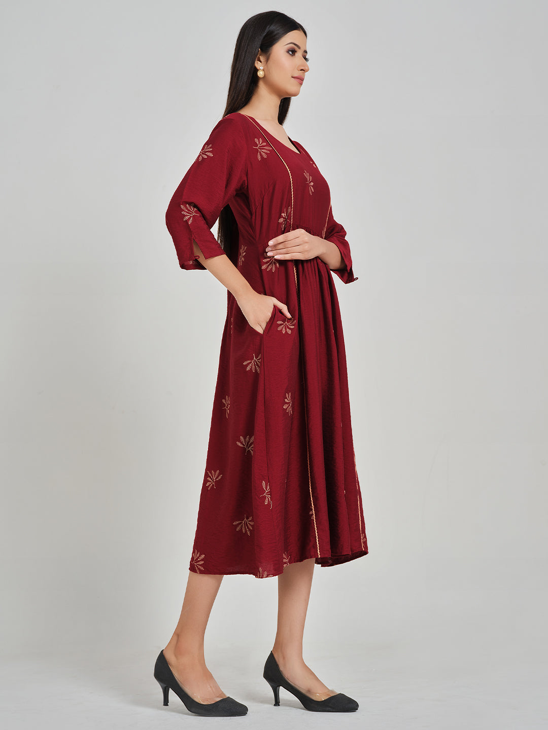 Maroon Embroidered Flared Dress - ARH1211