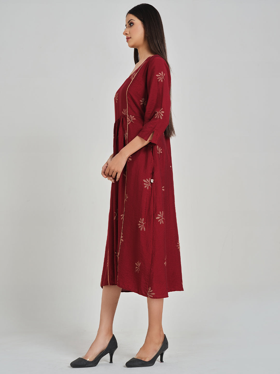 Maroon Embroidered Flared Dress - ARH1211