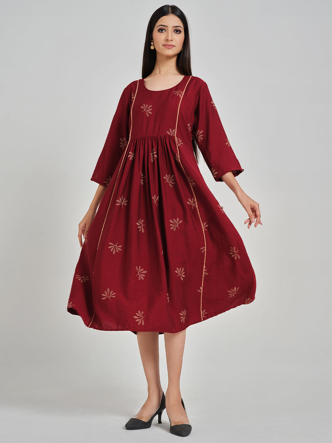 Maroon Embroidered Flared Dress - ARH1211