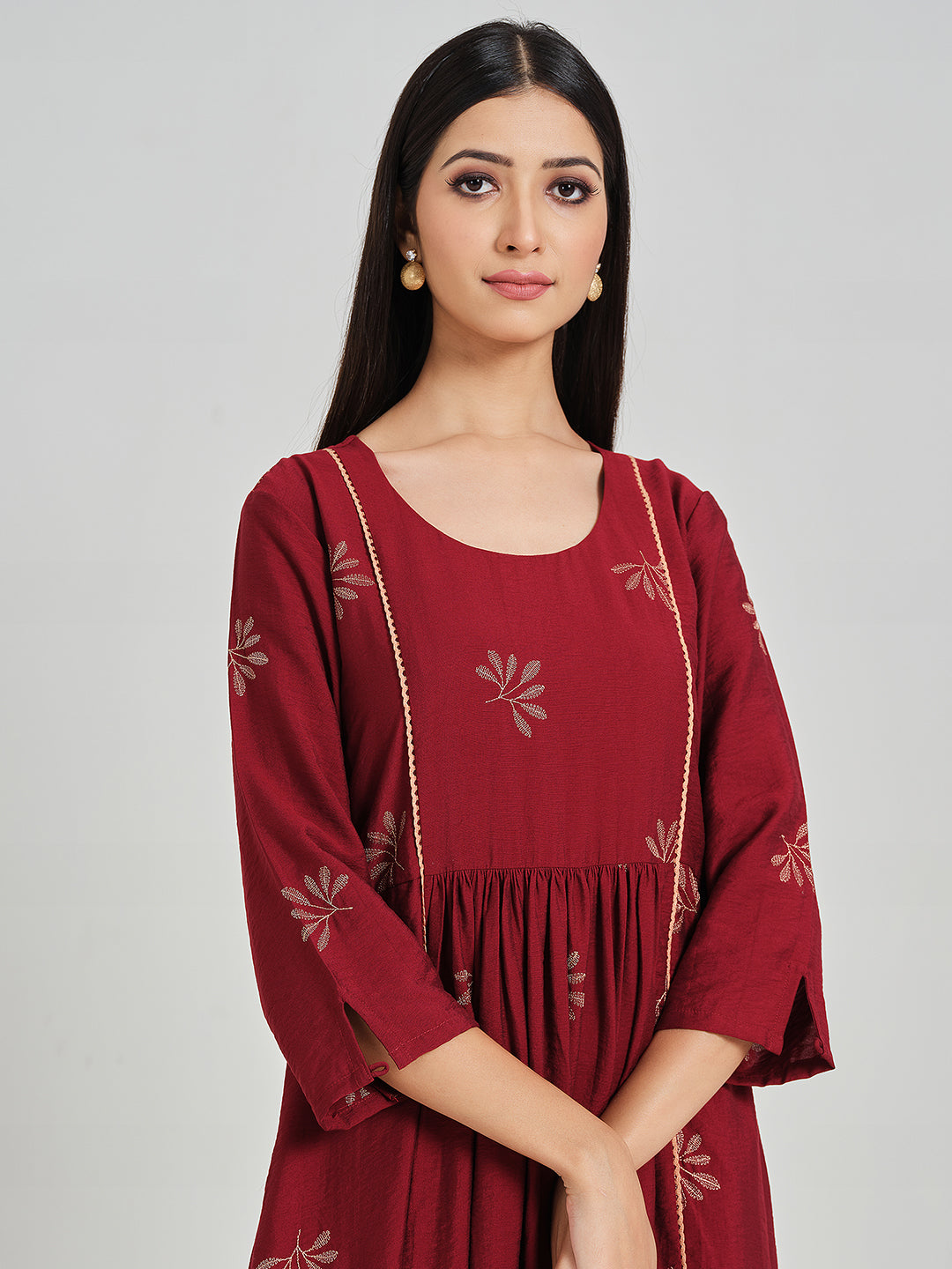 Maroon Embroidered Flared Dress - ARH1211