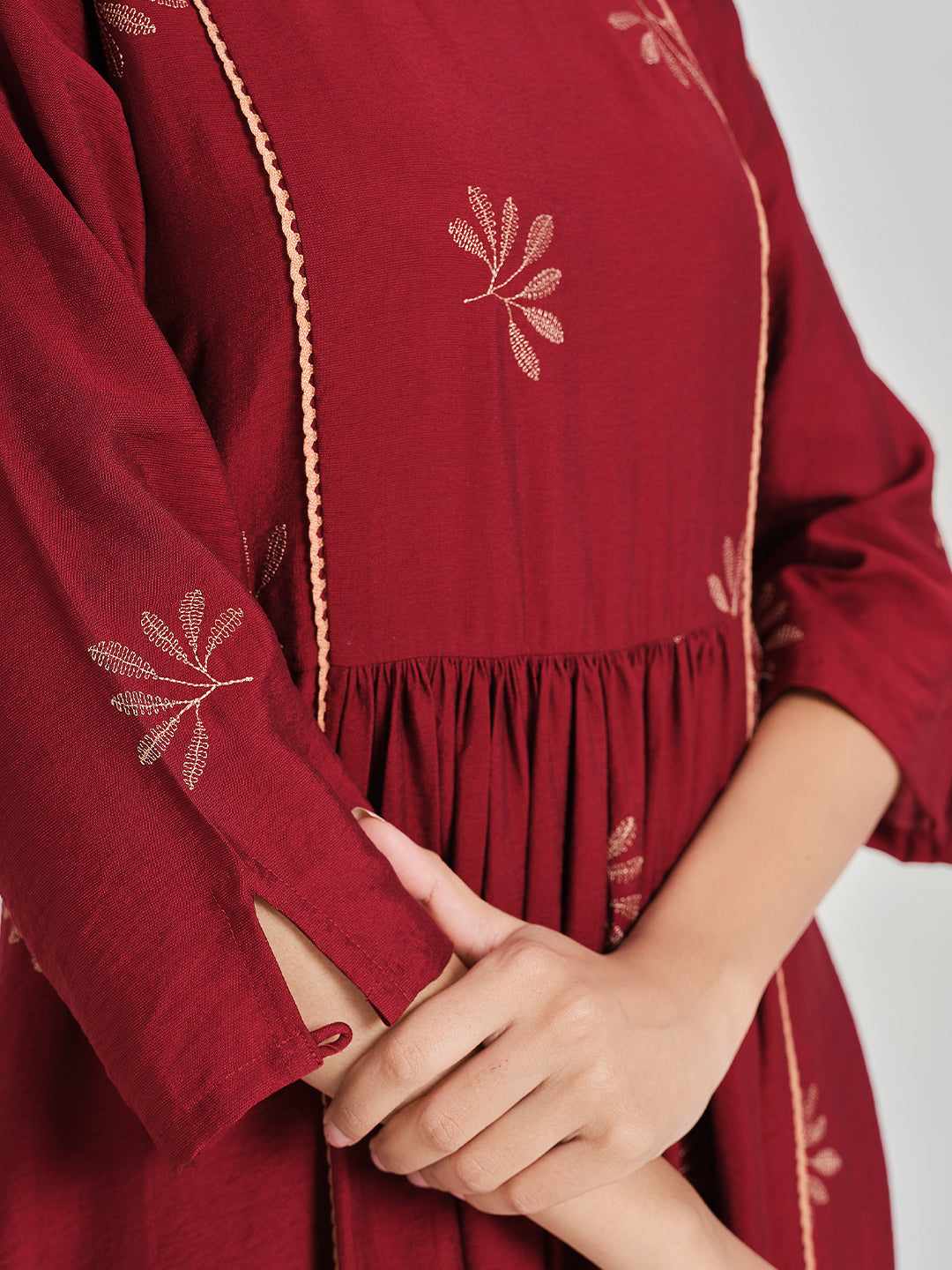 Maroon Embroidered Flared Dress - ARH1211