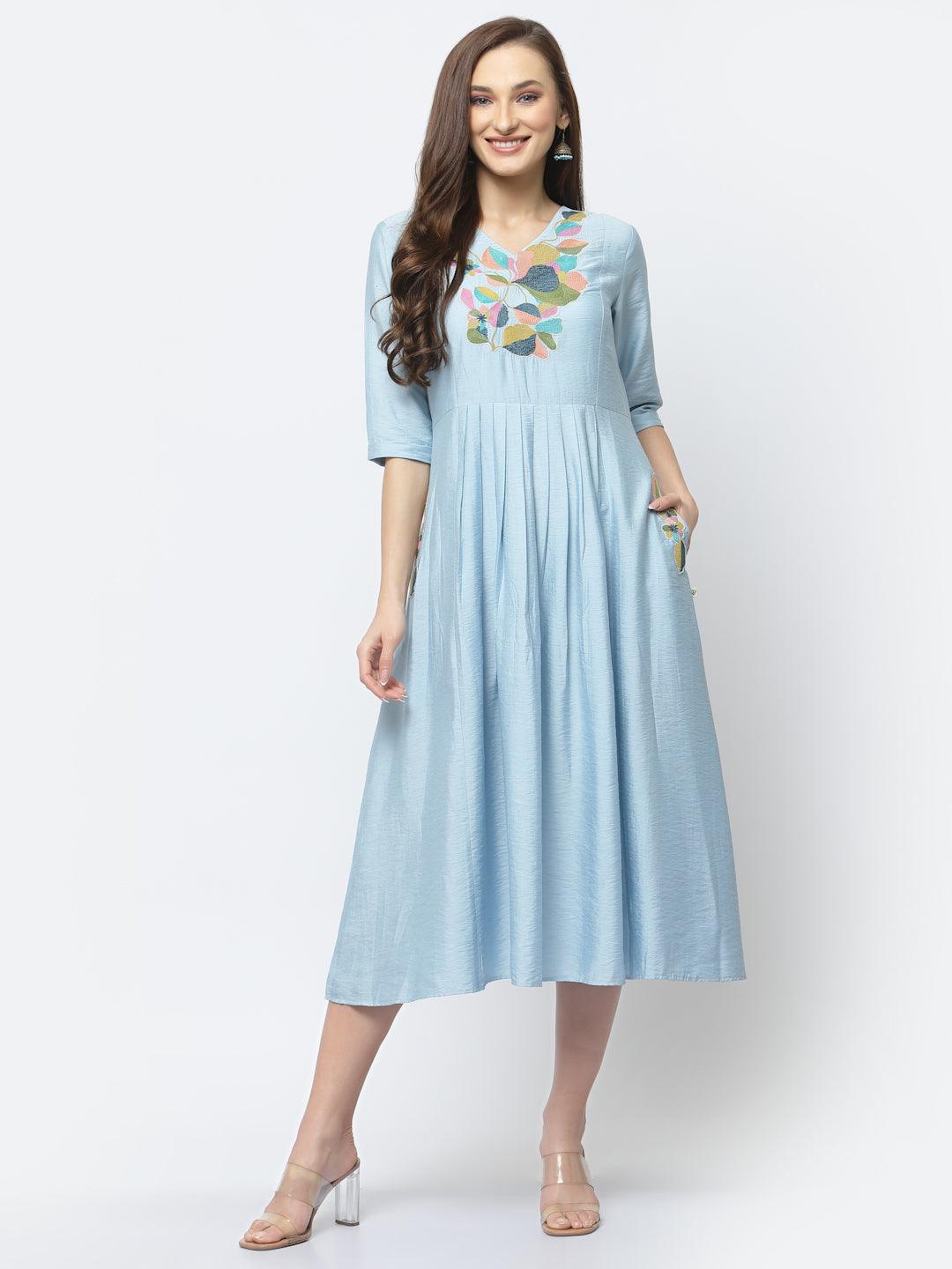 Pale Aqua Floral Embroidered Front Gathered Dress ARHAA Pale Aqua Floral Embroidered Front Gathered Dress ARHAA