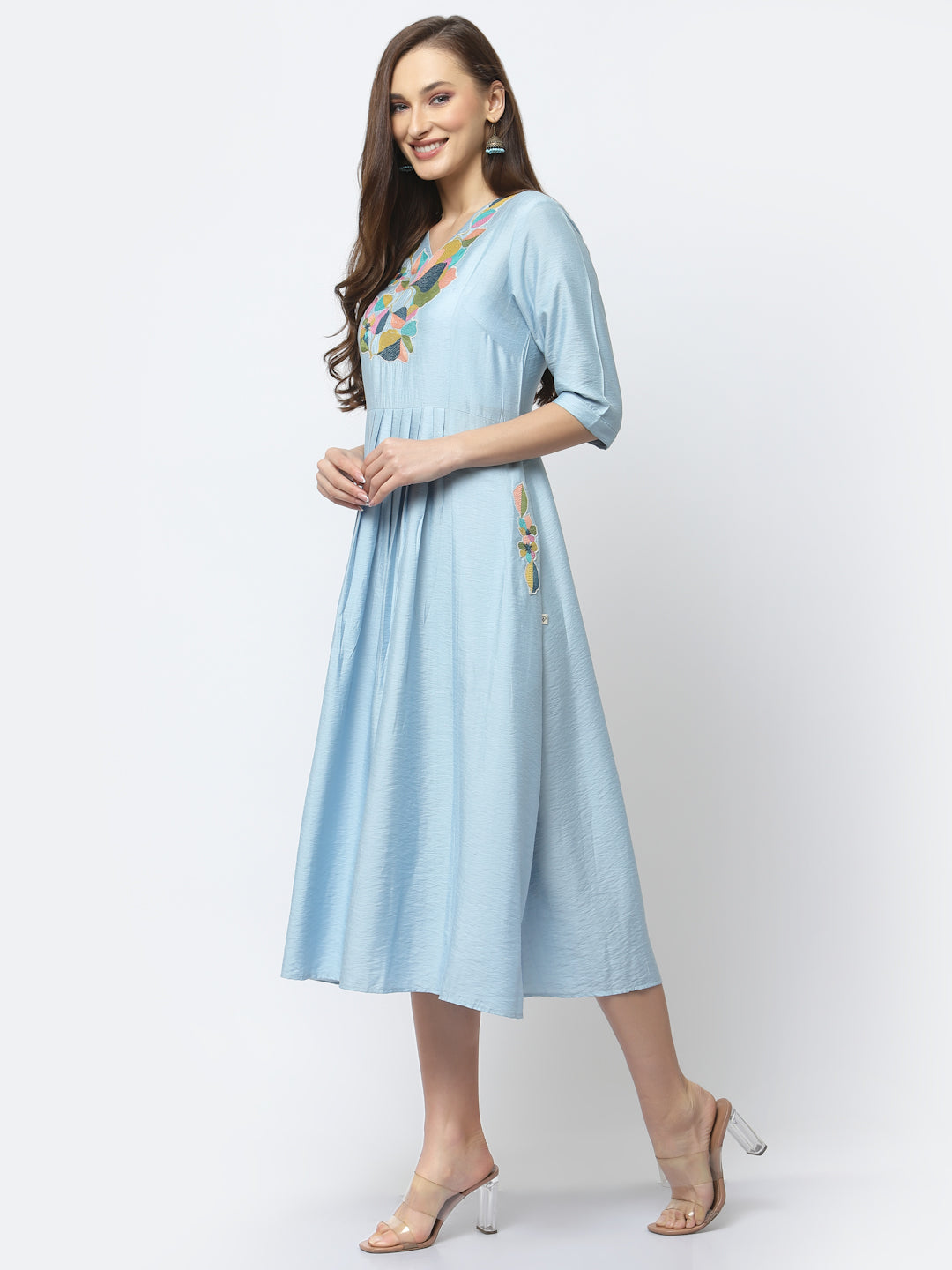 Pale Aqua Floral Embroidered Front Gathered Dress with Neck Detail - ARH1216