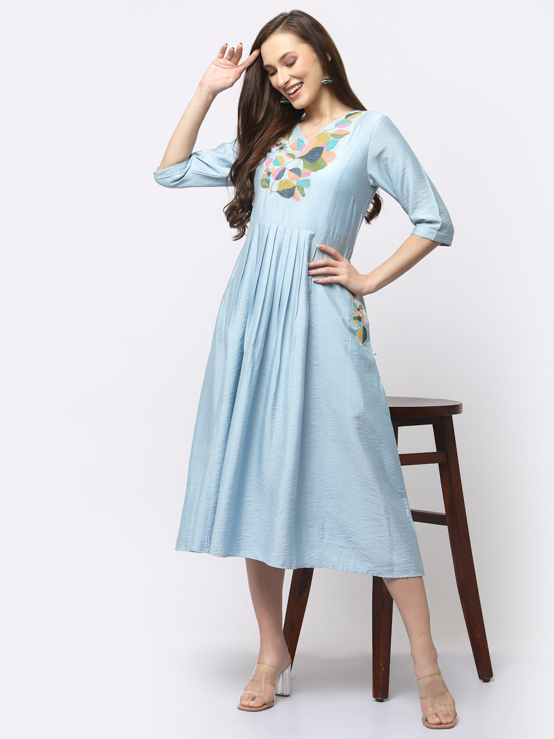 Pale Aqua Floral Embroidered Front Gathered Dress with Neck Detail - ARH1216