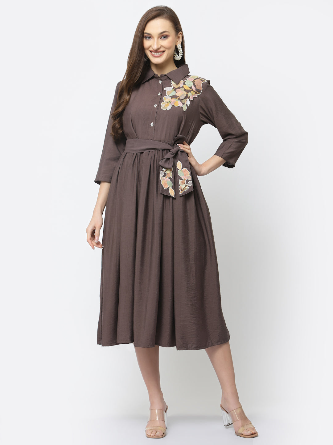 Fit & Flared Patchwork Dress With Tie Up Belt - ARH1217A