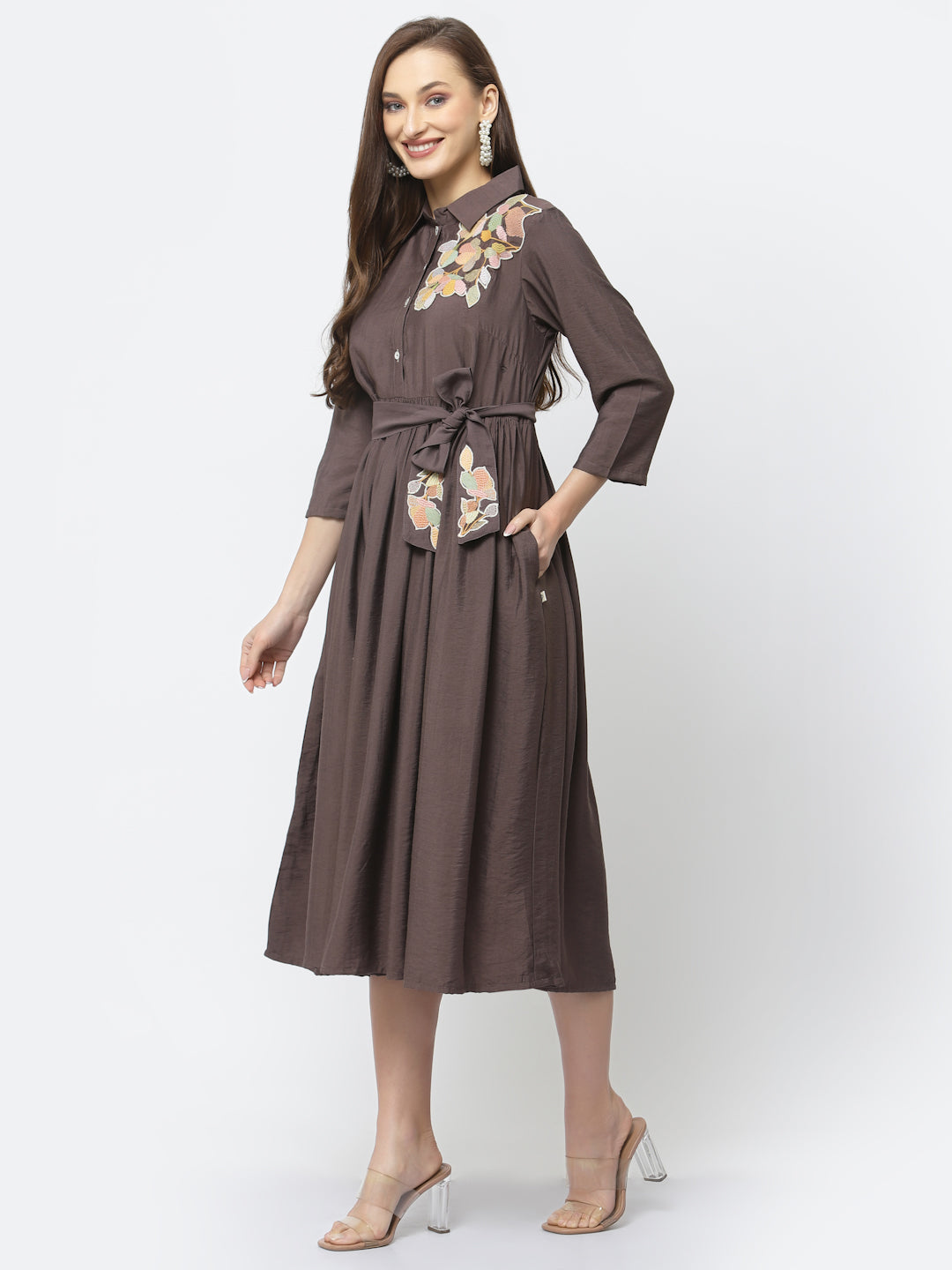 Fit & Flared Patchwork Dress With Tie Up Belt - ARH1217A