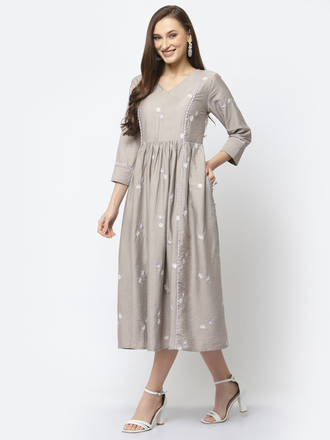 Foggy Grey Flared Viscose Silk Dress with Embroidery Detail - ARH1219