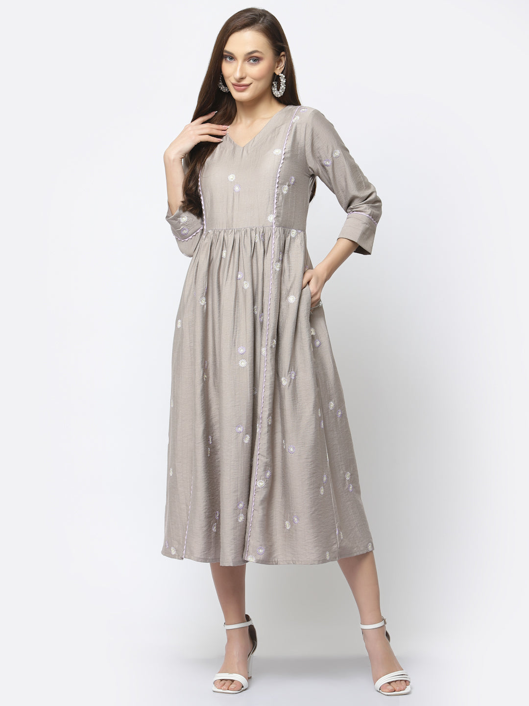 Foggy Grey Flared Viscose Silk Dress with Embroidery Detail - ARH1219
