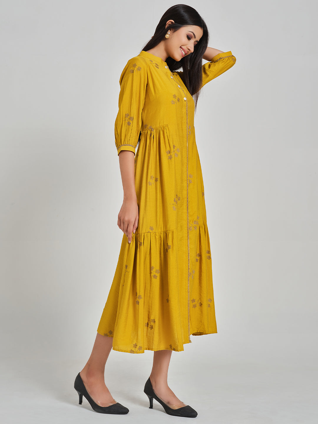 Embroidered A-Line Gathered Dress - ARH1222