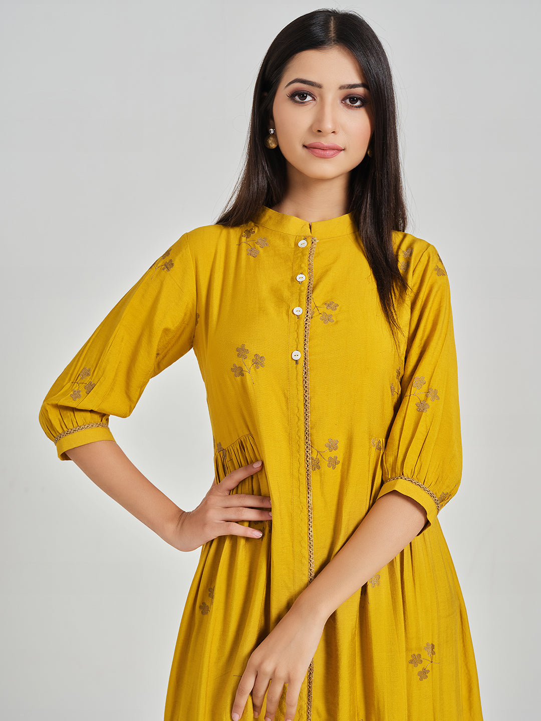 Embroidered A-Line Gathered Dress - ARH1222
