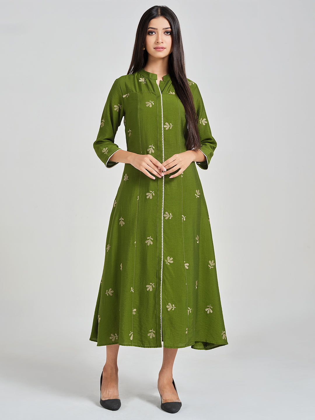 Green Embroidered A-Line Dress - ARH1264