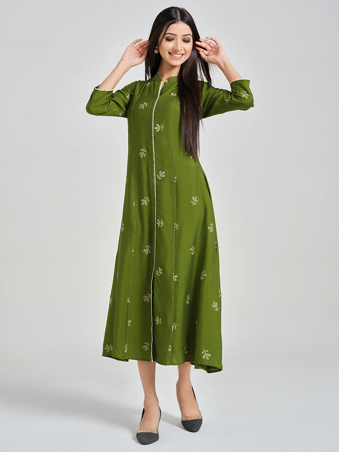 Green Embroidered A-Line Dress - ARH1264