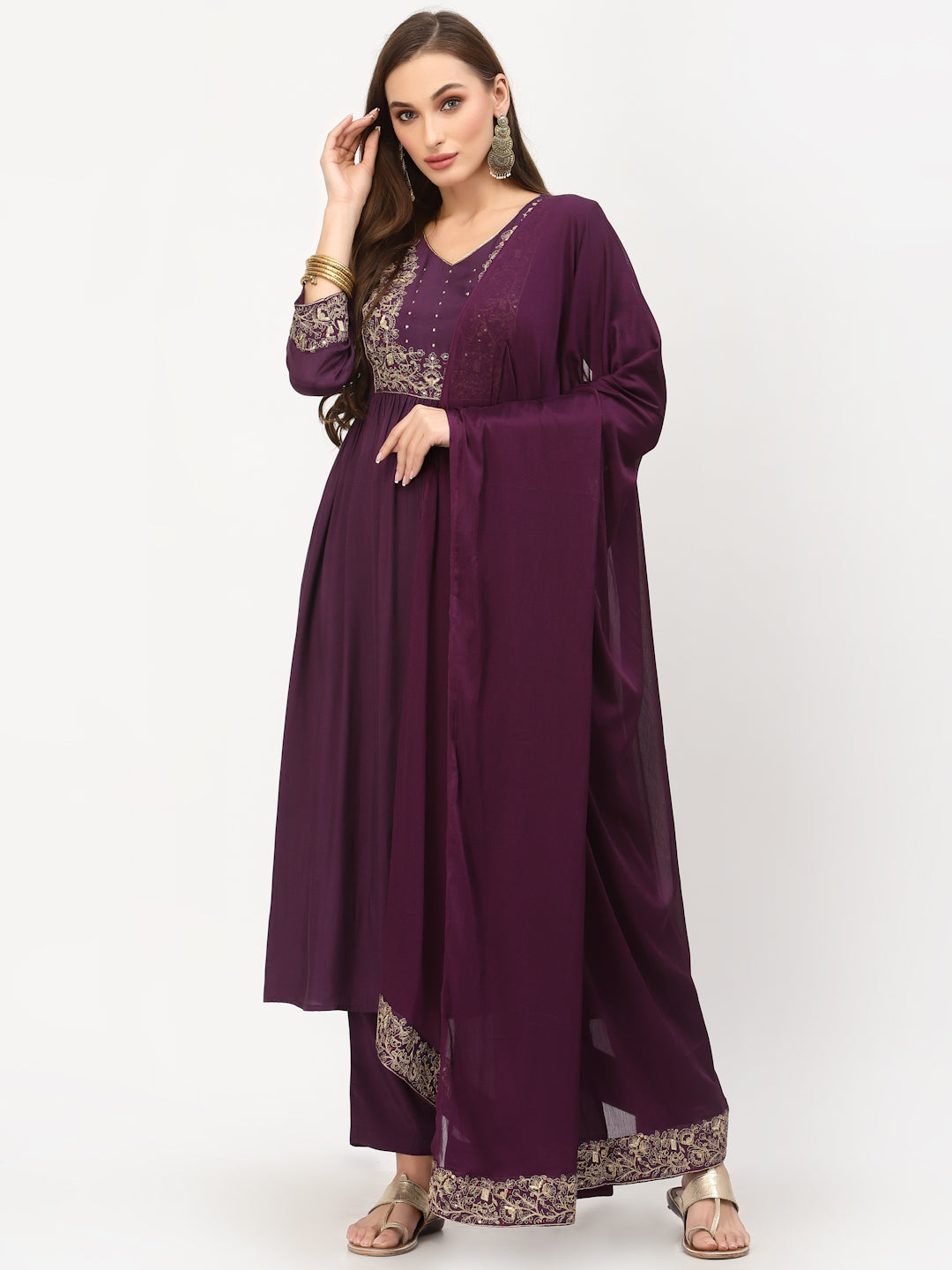Flared Gathered Kurta With Trouser & Dupatta Set - ARH1312
