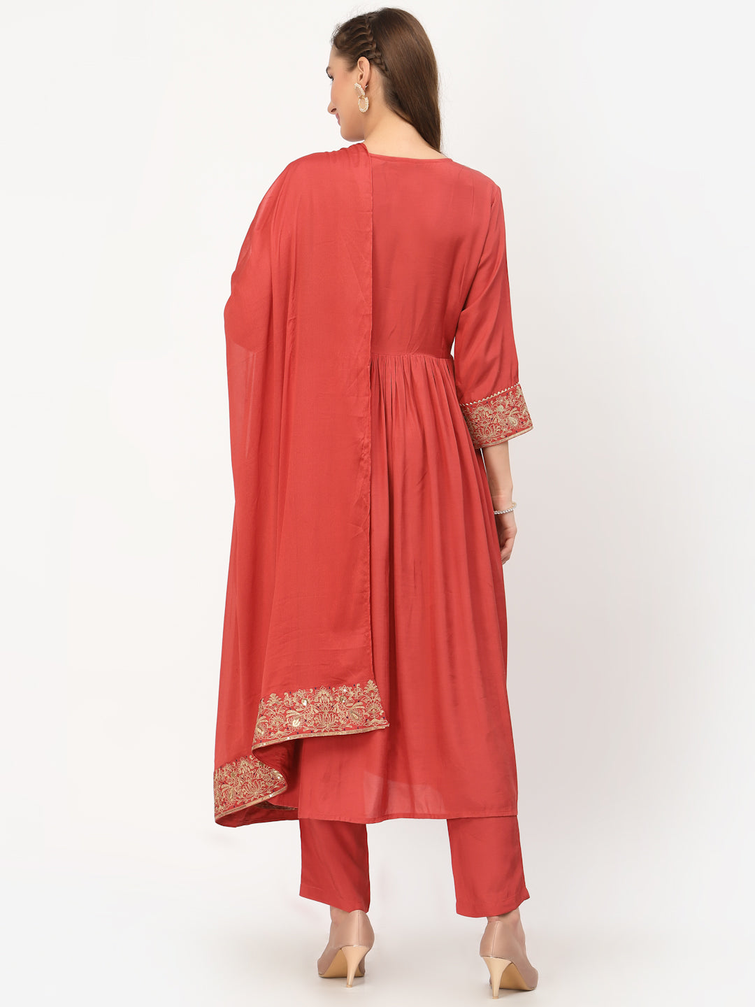 Gathered Embroidered Kurta With Trouser & Dupatta Set - ARH1313