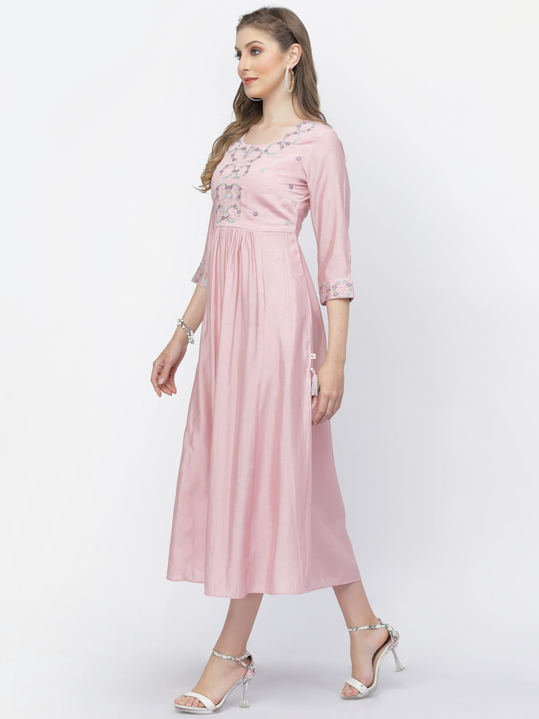 Oyster Pink Chanderi Silk Embroidered Summer Dress - ARH1371