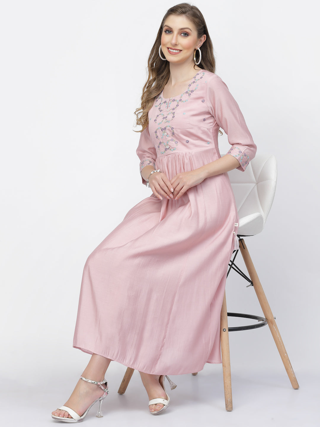 Oyster Pink Chanderi Silk Embroidered Summer Dress - ARH1371