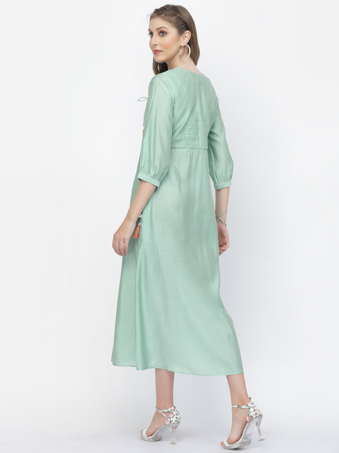 Sea Mist Chanderi Silk Embroidered Summer Dress - ARH1372