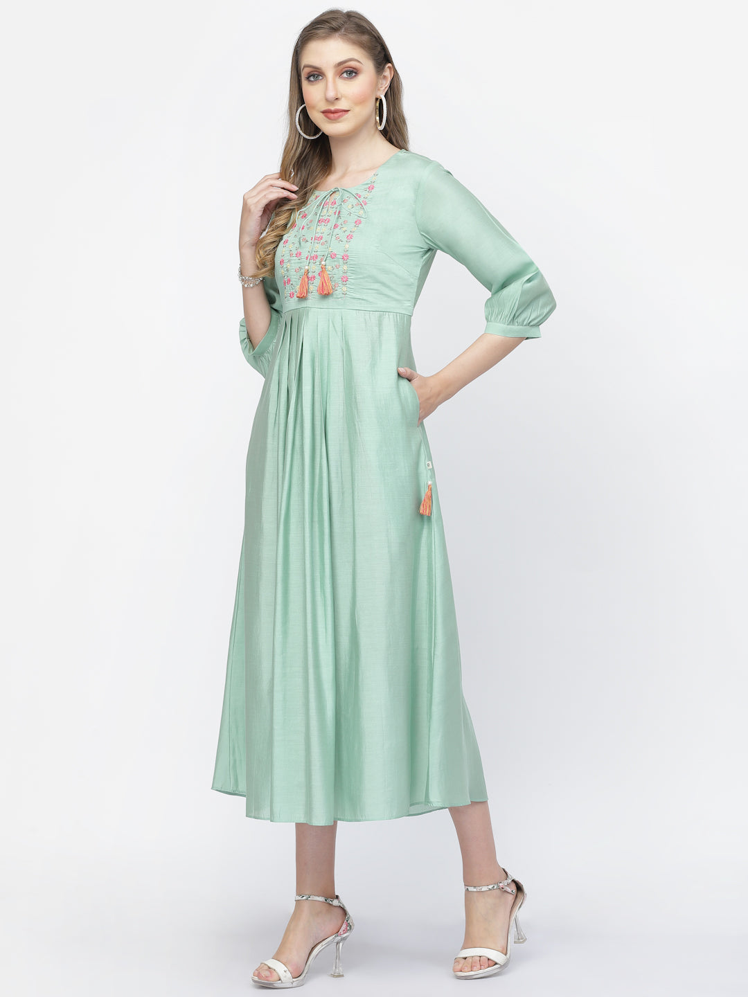 Sea Mist Chanderi Silk Embroidered Summer Dress - ARH1372