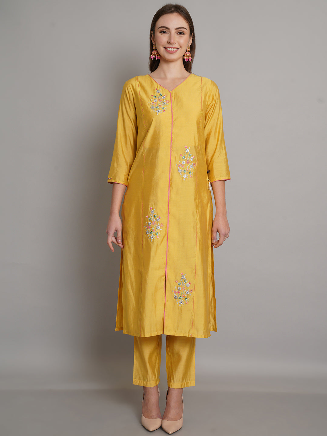 Yellow Embroidered Straight Kurta With Trouser & Dupatta Set - ARH1374