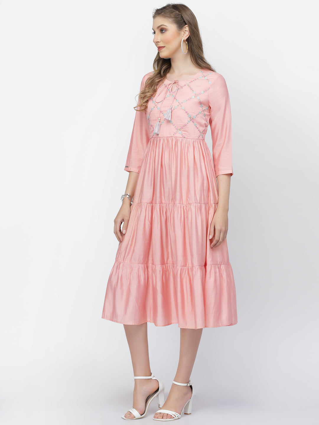 Rose Gold Chanderi Silk Embroidered Summer Dress - ARH1375