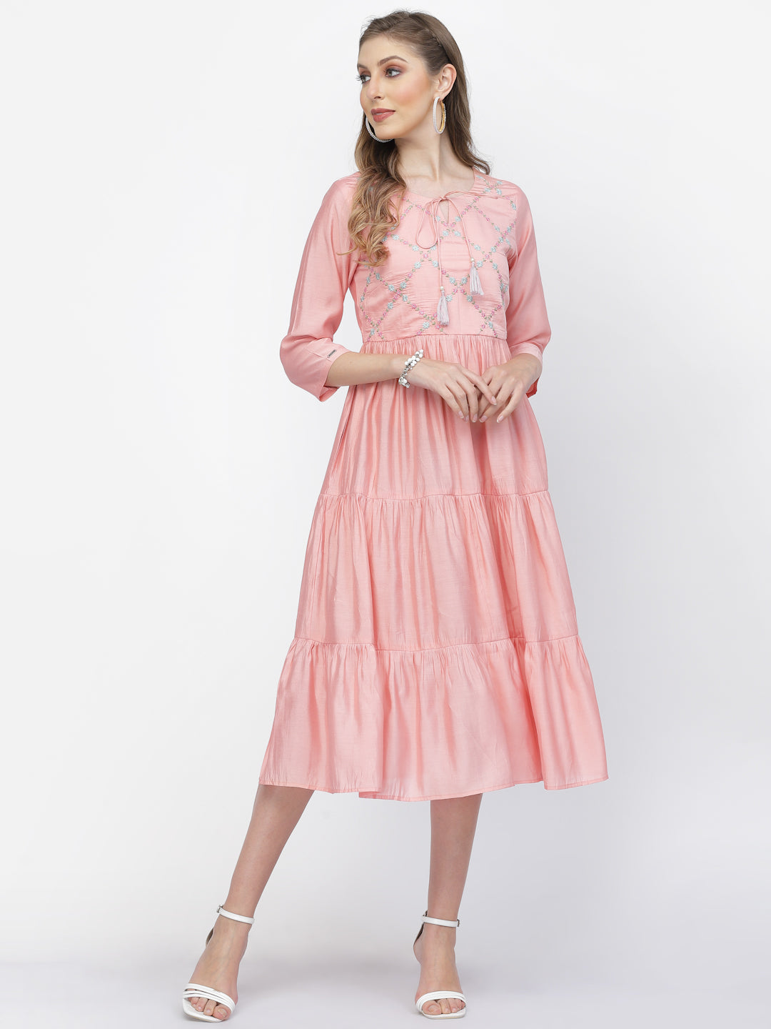 Rose Gold Chanderi Silk Embroidered Summer Dress - ARH1375