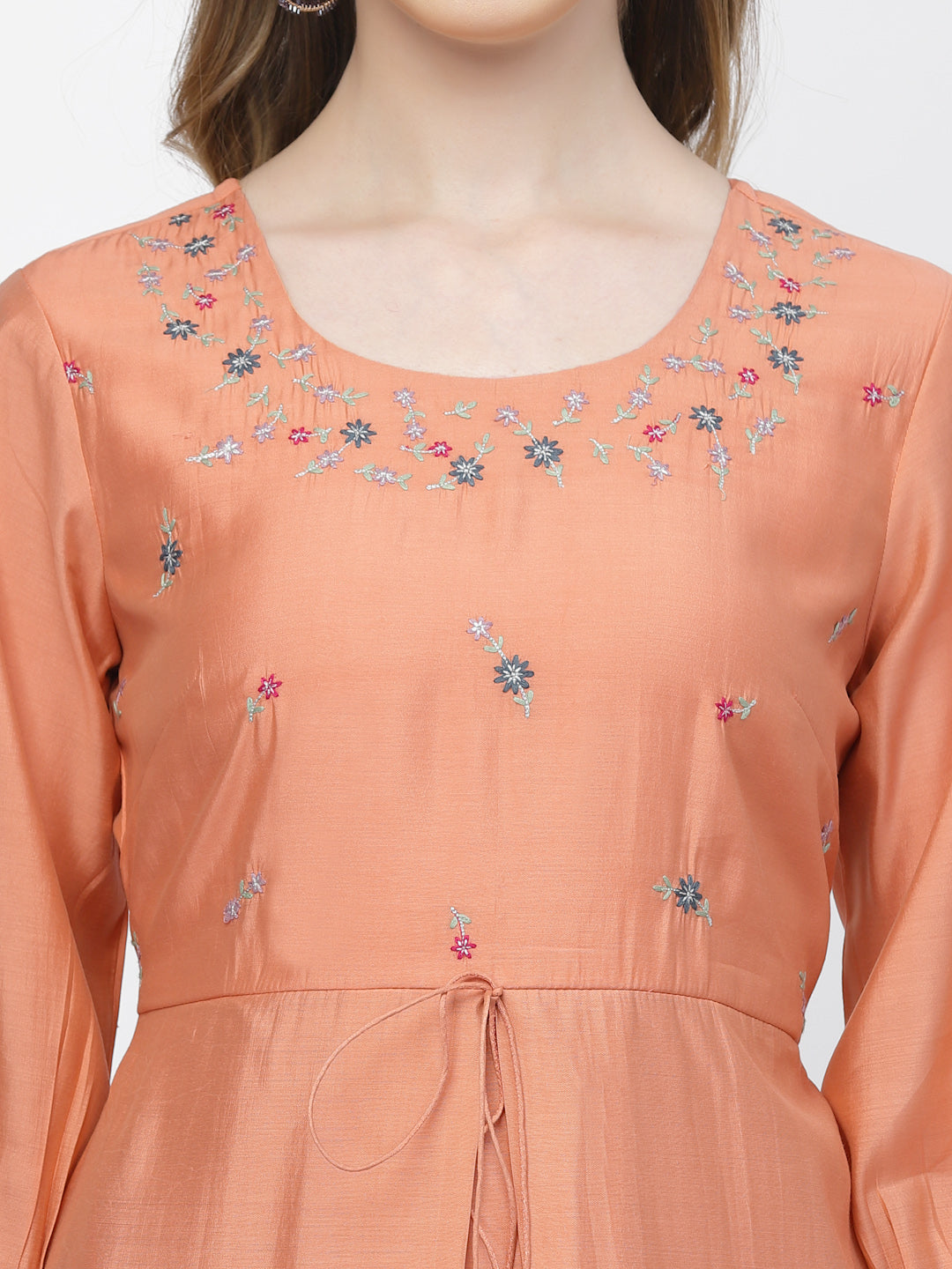 Pale Salmon Chanderi Silk Embroidered Summer Dress - ARH1376